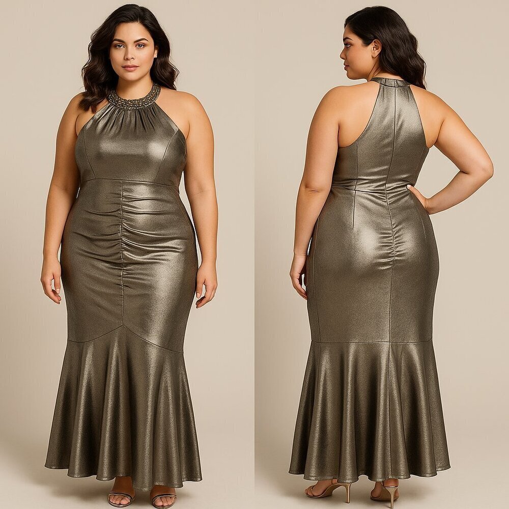 R&M RICHARDS SILVER HALTER GOWN SIZE 16 – BEADED NECKLINE